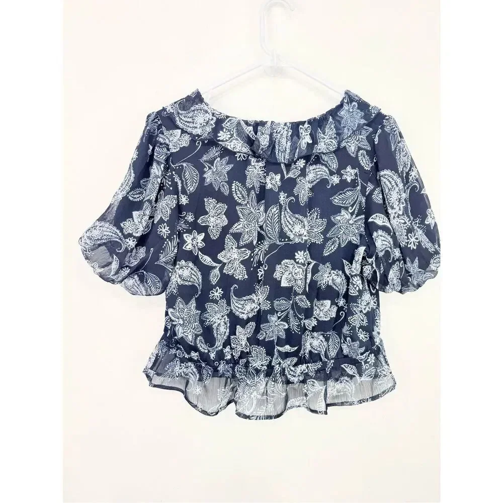 LOFT Blue White Floral Ruffle V Neck Peplum Hem Short Puff Sleeve Blouse NEW